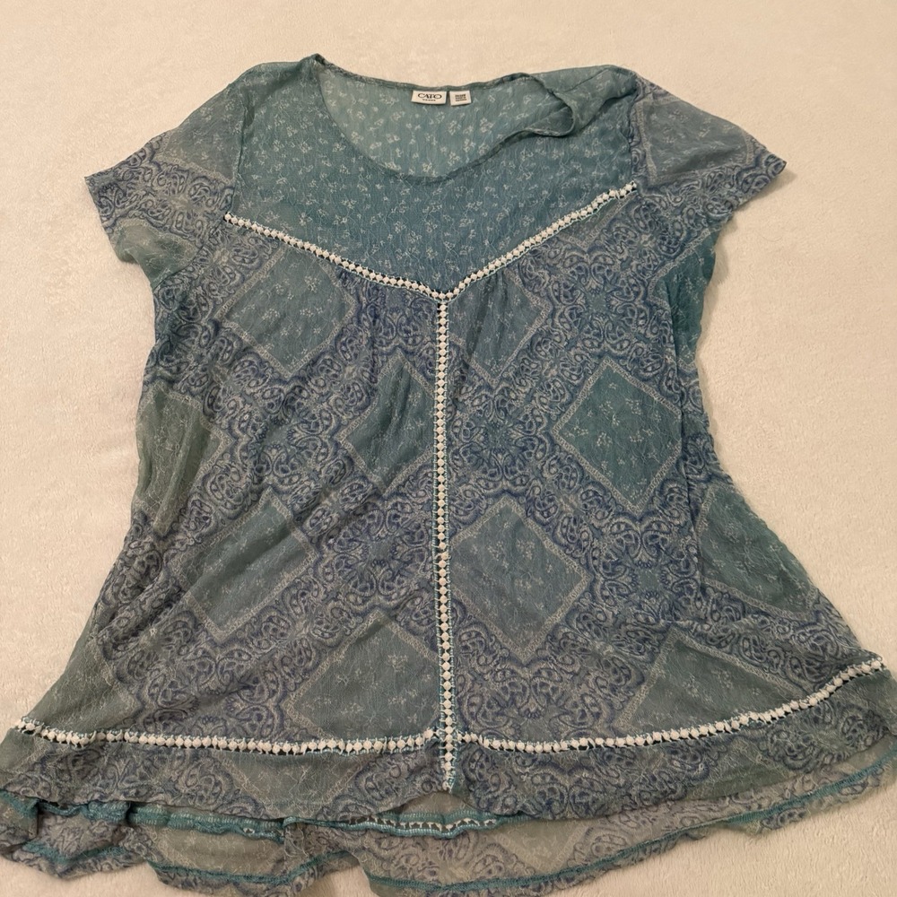 Cato Blue Teal Mesh Top 26/28W Ethereal Boho Whimsical Flowy Airy Semi Sheer - Picture 13 of 14